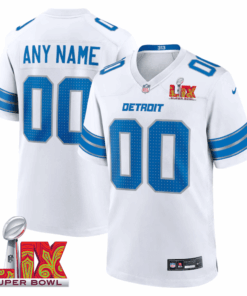 Detroit Lions Super Bowl LIX Patch Game Men Custom Jersey - White JS5679 nicesnker