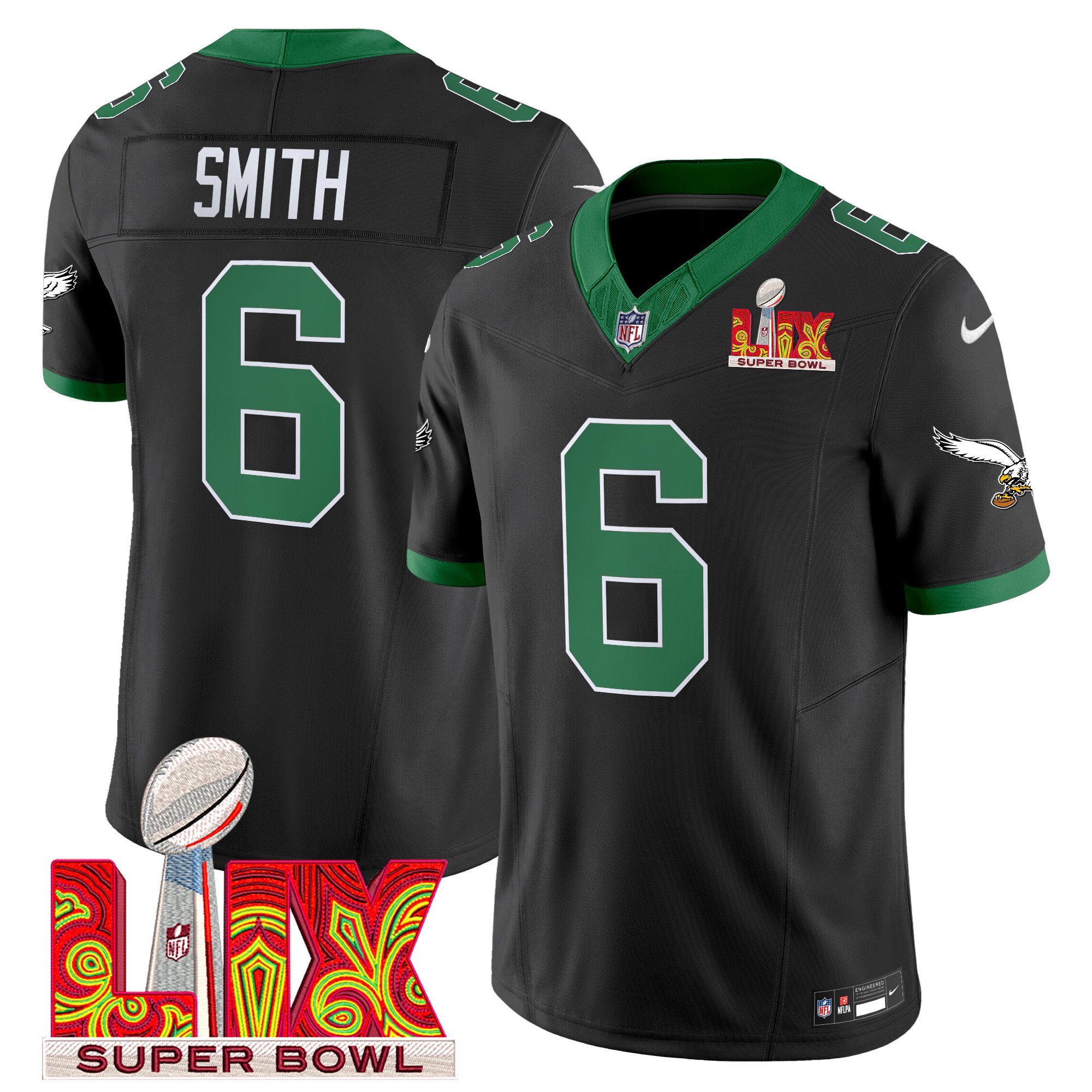 DeVonta Smith 6 Philadelphia Eagles Kelly Green Super Bowl Champions LIX Patch Vapor Limited Jersey - Black JS1168 nicesnker