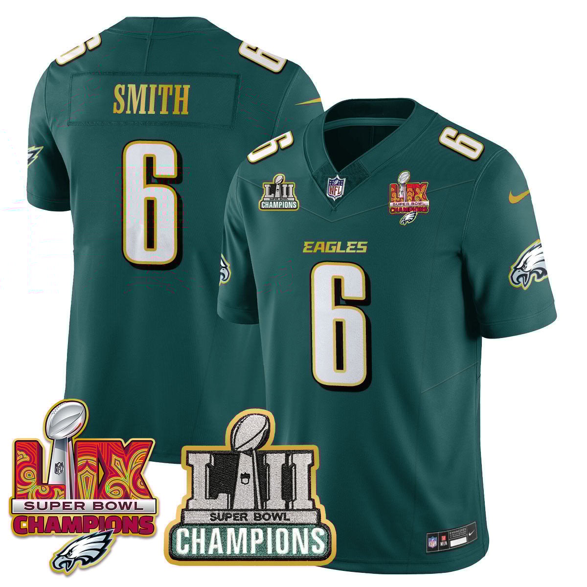 DeVonta Smith 6 Philadelphia Eagles LII-LIX Super Bowl Champions Vapor Limited Gold Jersey - Midnight Green JS6347 nicesnker