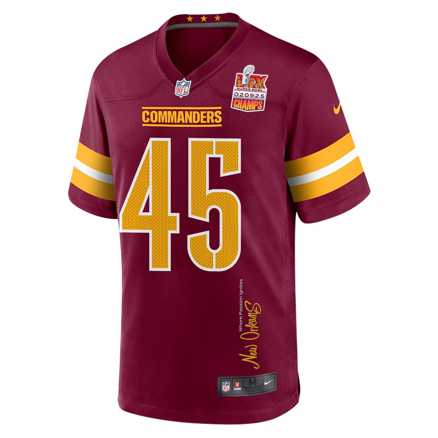 Dominique Hampton 45 Washington Commanders Super Bowl LIX Champions Patch 'New Orleans - Where Passion Ignites' EMBROIDERED Game Men Jersey - Burgundy JS8146 nicesnker - Image 3