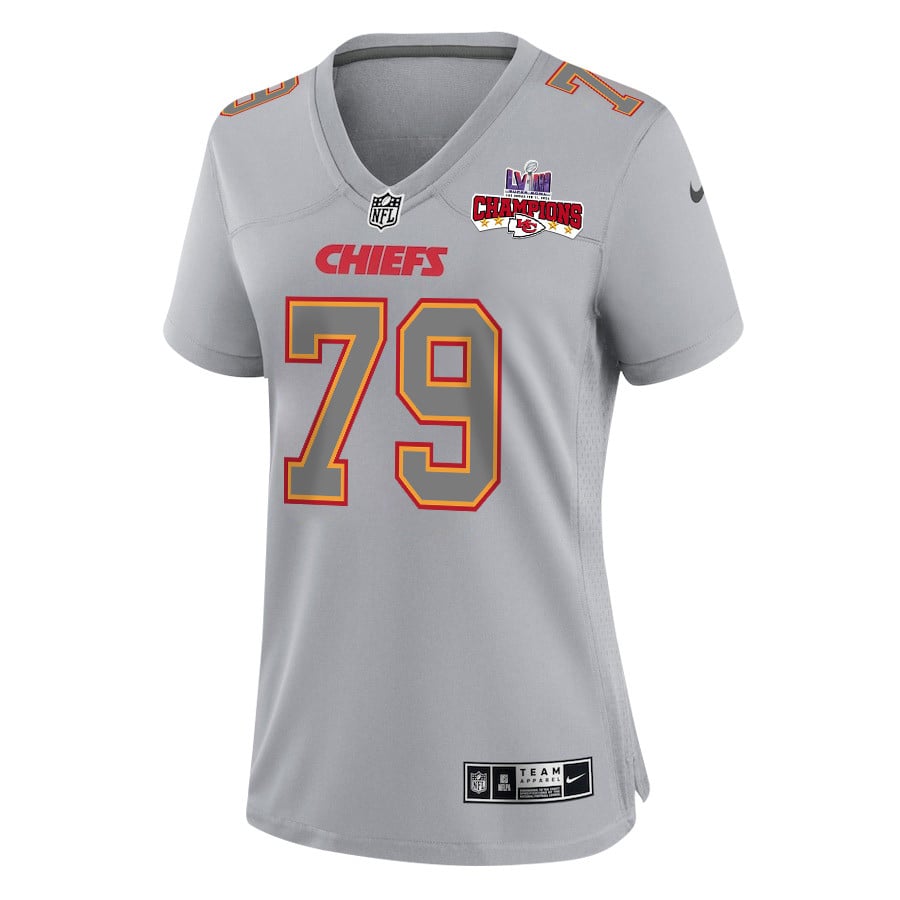 Donovan Smith 79 Kansas City Chiefs Super Bowl LVIII Champions 4 Stars Patch Atmosphere Fashion Game Women Jersey - Gray JS4265 nicesnker - Image 2
