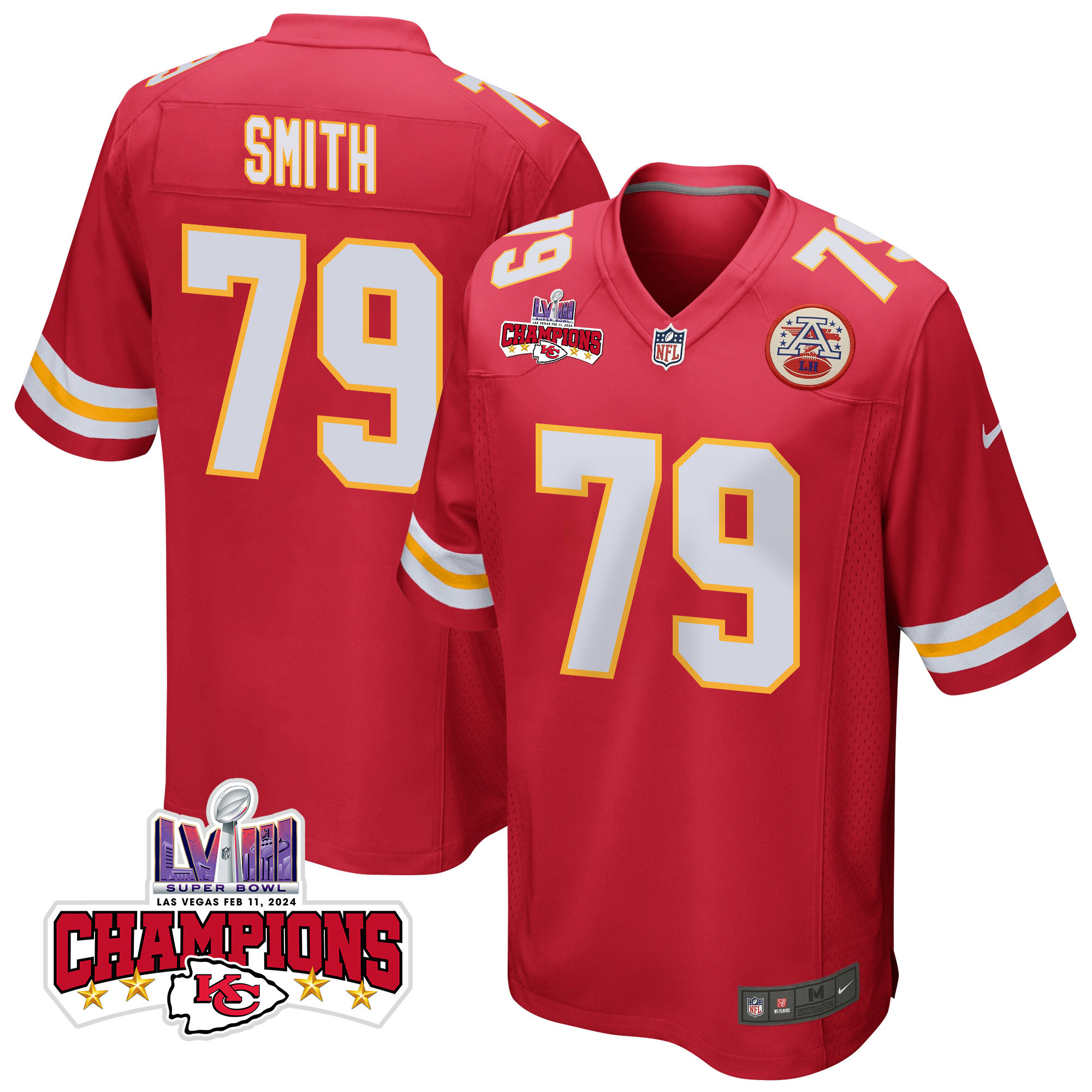 Donovan Smith 79 Kansas City Chiefs Super Bowl LVIII Champions 4 Stars Patch Game Men Jersey - Red JS6070 nicesnker