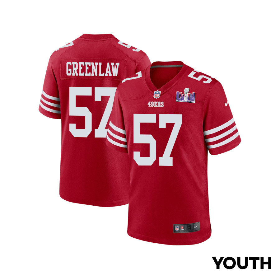 Dre Greenlaw 57 San Francisco 49ers Super Bowl LVIII Patch Game YOUTH Jersey - Scarlet JS2888 nicesnker
