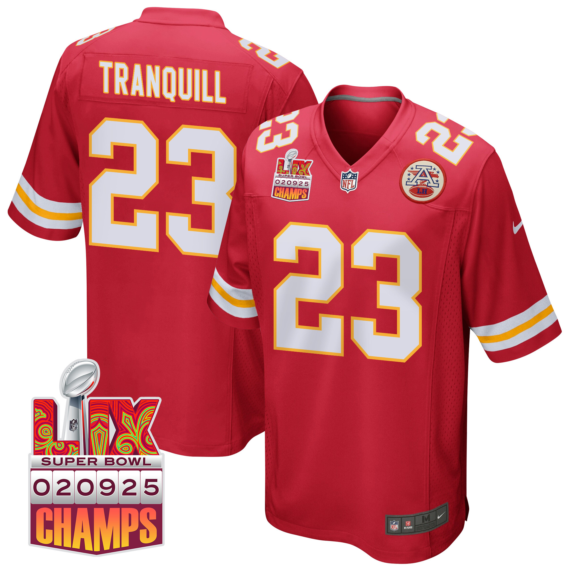 Drue Tranquill 23 Kansas City Chiefs Super Bowl LIX Champions Patch Game Men Jersey - Red JS7328 nicesnker