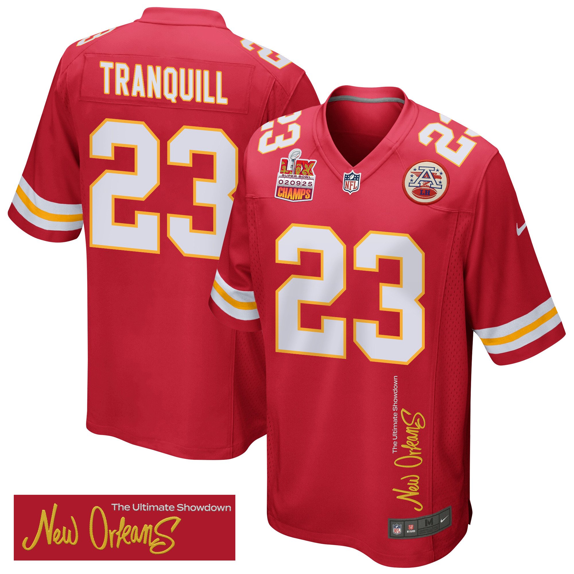 Drue Tranquill 23 Kansas City Chiefs Super Bowl LIX Champions Patch 'New Orleans - The Ultimate Showdown' EMBROIDERED Game Men Jersey - Red JS1226 nicesnker