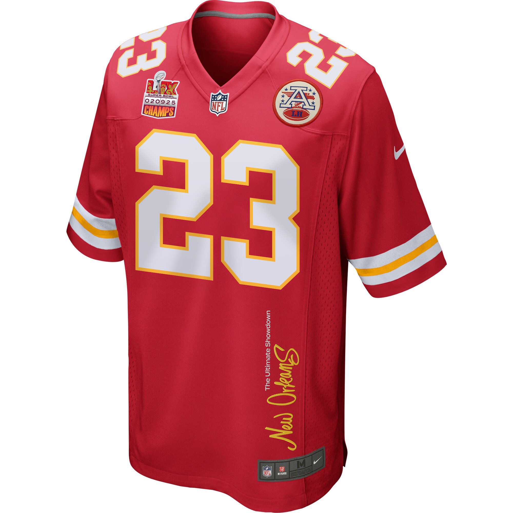 Drue Tranquill 23 Kansas City Chiefs Super Bowl LIX Champions Patch 'New Orleans - The Ultimate Showdown' EMBROIDERED Game Men Jersey - Red JS1226 nicesnker - Image 3