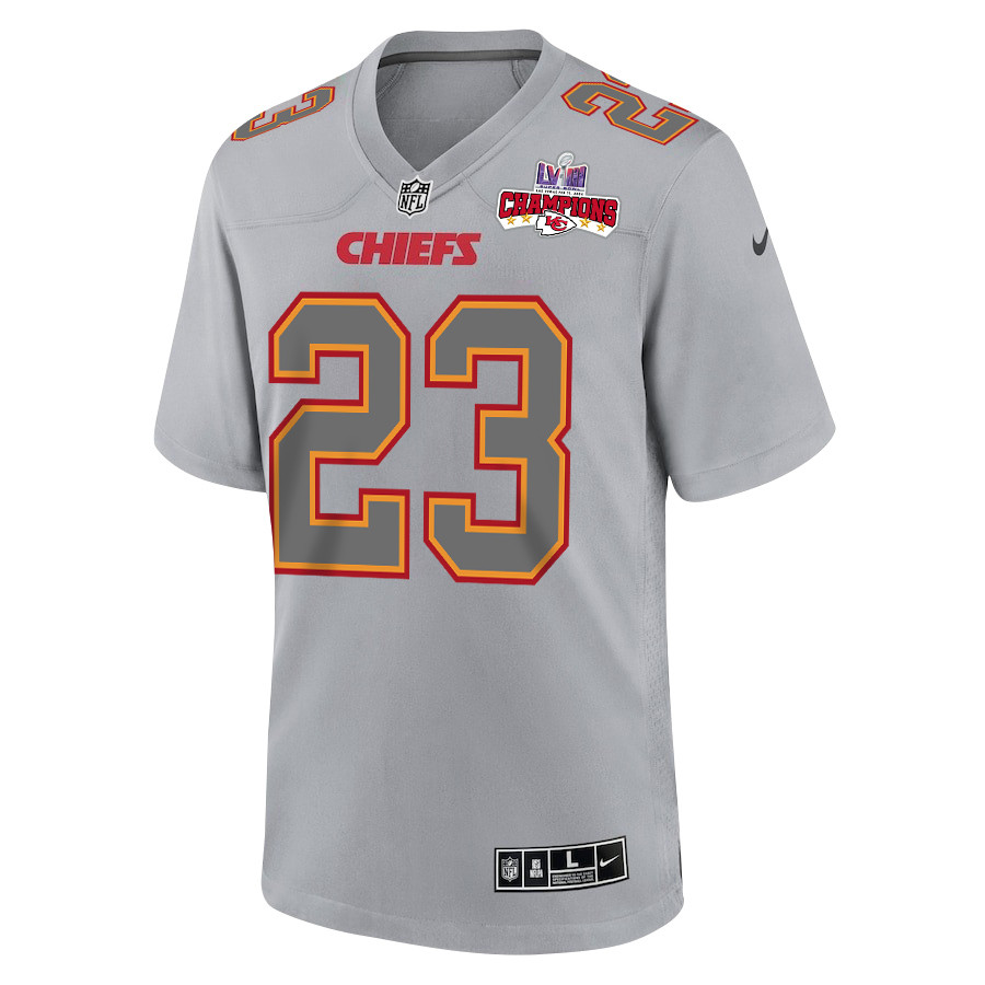 Drue Tranquill 23 Kansas City Chiefs Super Bowl LVIII Champions 4 Stars Patch Atmosphere Fashion Game Men Jersey - Gray JS9133 nicesnker - Image 2