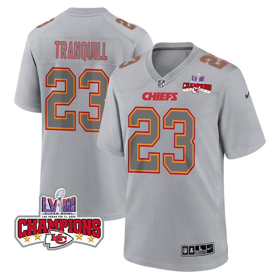 Drue Tranquill 23 Kansas City Chiefs Super Bowl LVIII Champions 4 Stars Patch Atmosphere Fashion Game Men Jersey - Gray JS9133 nicesnker