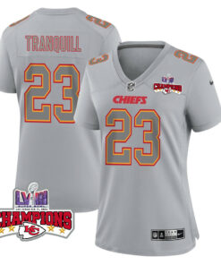 Drue Tranquill 23 Kansas City Chiefs Super Bowl LVIII Champions 4 Stars Patch Atmosphere Fashion Game Women Jersey - Gray JS8429 nicesnker