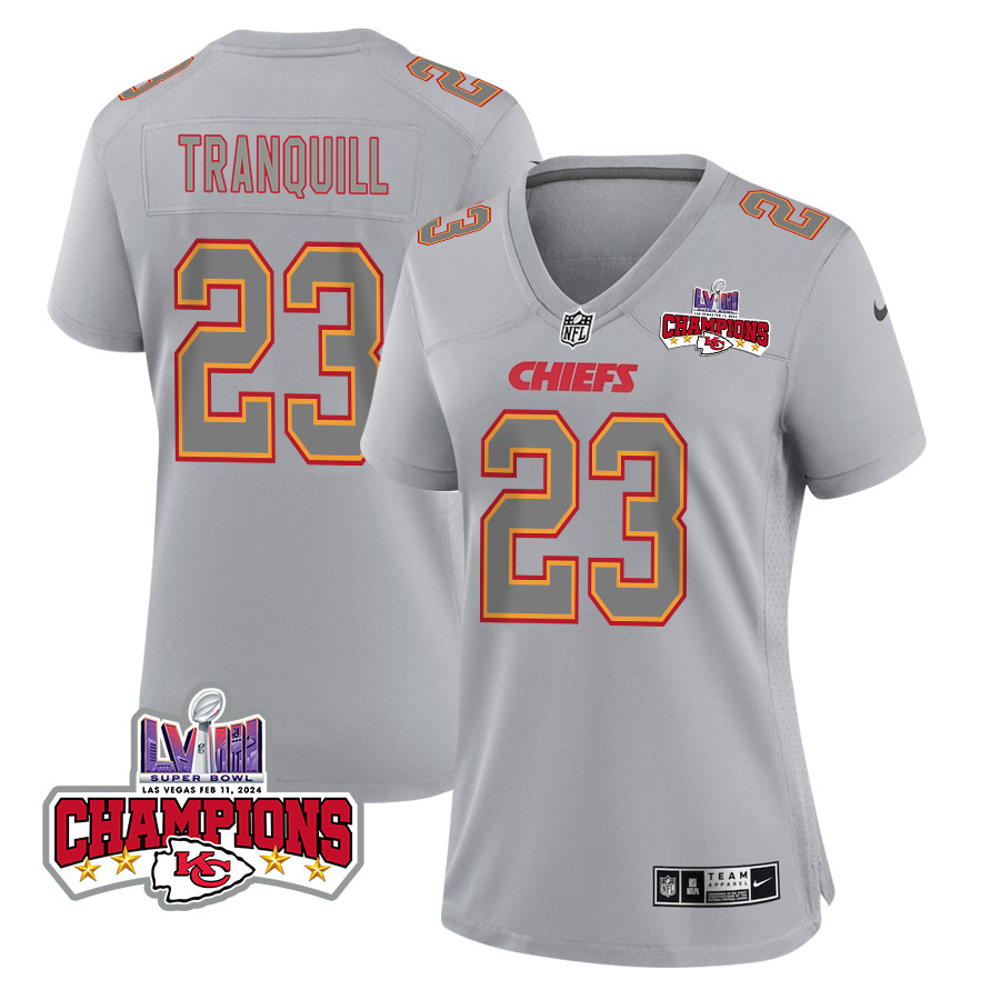 Drue Tranquill 23 Kansas City Chiefs Super Bowl LVIII Champions 4 Stars Patch Atmosphere Fashion Game Women Jersey - Gray JS8429 nicesnker