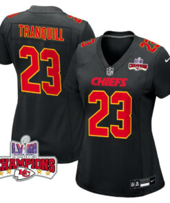 Drue Tranquill 23 Kansas City Chiefs Super Bowl LVIII Champions 4 Stars Patch Fashion Game Women Jersey - Carbon Black JS4860 nicesnker
