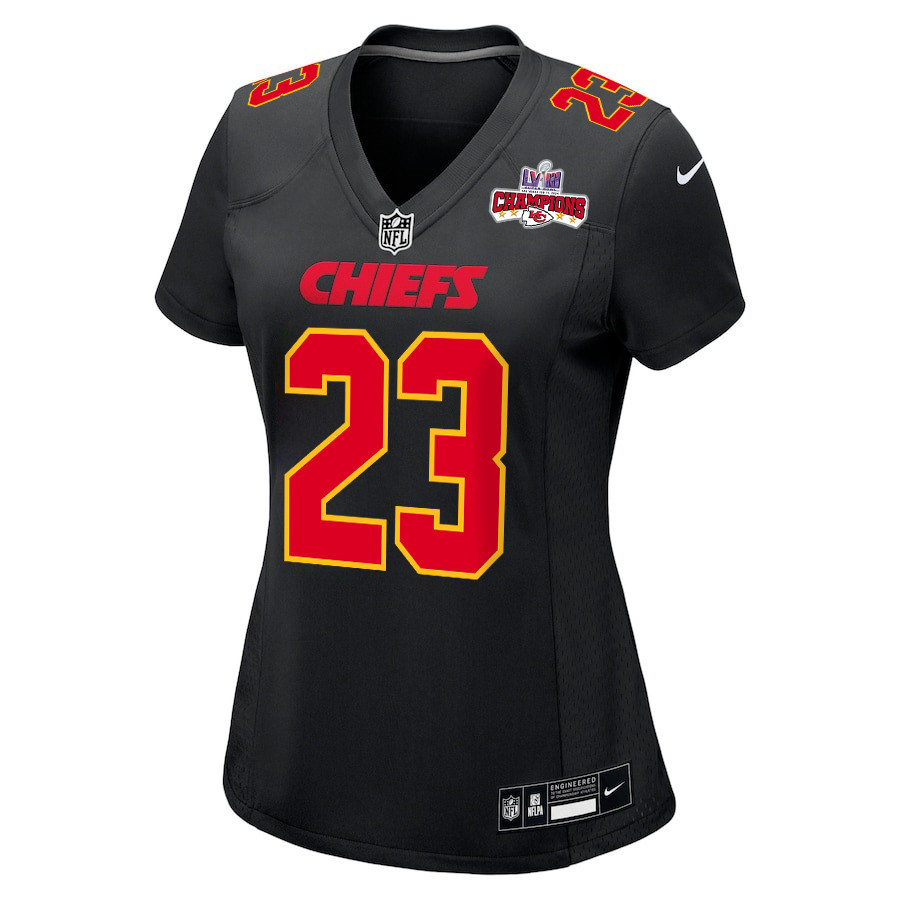 Drue Tranquill 23 Kansas City Chiefs Super Bowl LVIII Champions 4 Stars Patch Fashion Game Women Jersey - Carbon Black JS4860 nicesnker - Image 2