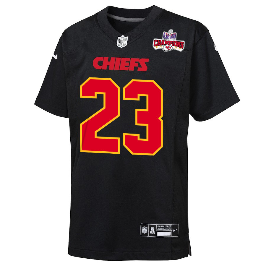 Drue Tranquill 23 Kansas City Chiefs Super Bowl LVIII Champions 4 Stars Patch Fashion Game YOUTH Jersey - Carbon Black JS3179 nicesnker - Image 2