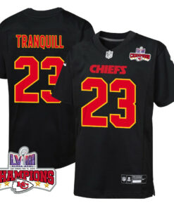 Drue Tranquill 23 Kansas City Chiefs Super Bowl LVIII Champions 4 Stars Patch Fashion Game YOUTH Jersey - Carbon Black JS3179 nicesnker