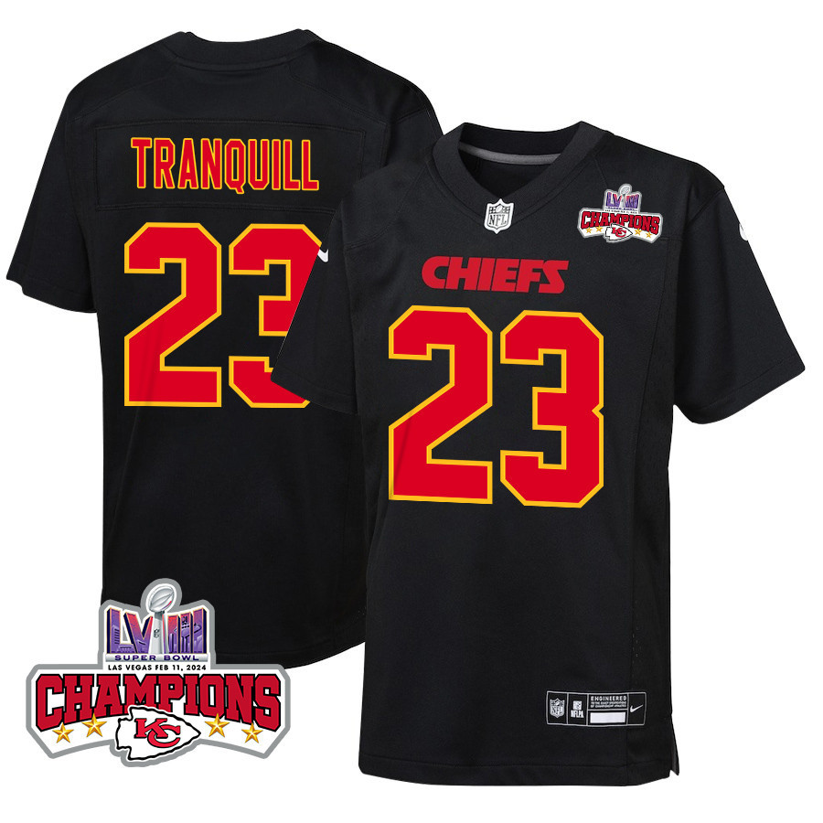 Drue Tranquill 23 Kansas City Chiefs Super Bowl LVIII Champions 4 Stars Patch Fashion Game YOUTH Jersey - Carbon Black JS3179 nicesnker