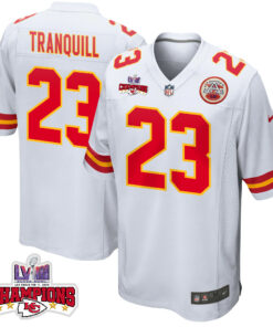 Drue Tranquill 23 Kansas City Chiefs Super Bowl LVIII Champions 4 Stars Patch Game Men Jersey - White JS6586 nicesnker