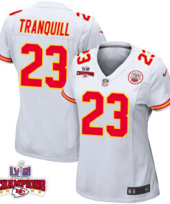 Drue Tranquill 23 Kansas City Chiefs Super Bowl LVIII Champions 4 Stars Patch Game Women Jersey - White JS2366 nicesnker