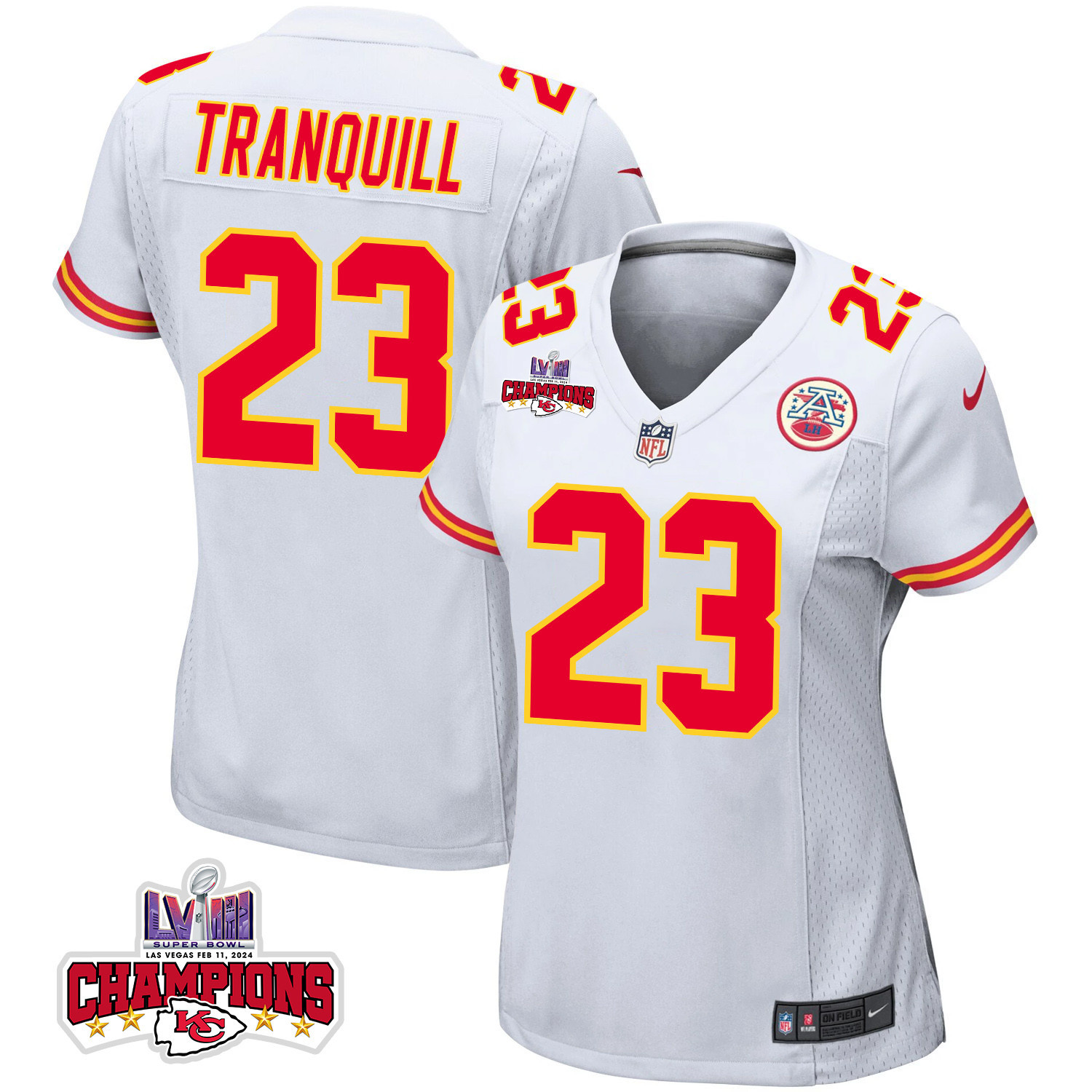 Drue Tranquill 23 Kansas City Chiefs Super Bowl LVIII Champions 4 Stars Patch Game Women Jersey - White JS2366 nicesnker