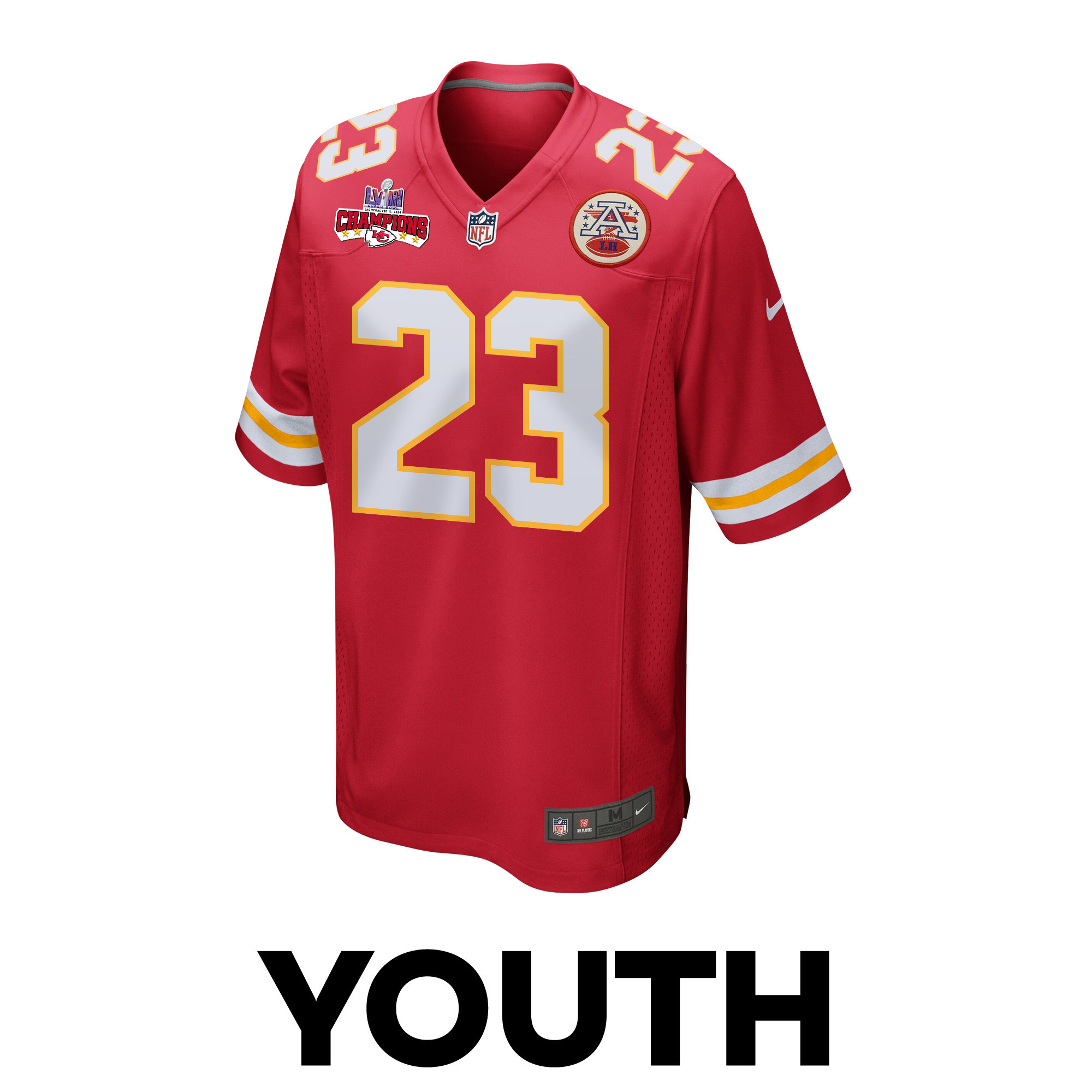 Drue Tranquill 23 Kansas City Chiefs Super Bowl LVIII Champions 4 Stars Patch Game YOUTH Jersey - Red JS6743 nicesnker - Image 2