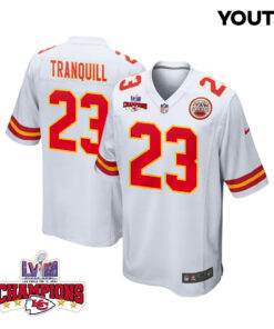 Drue Tranquill 23 Kansas City Chiefs Super Bowl LVIII Champions 4 Stars Patch Game YOUTH Jersey - White JS3218 nicesnker