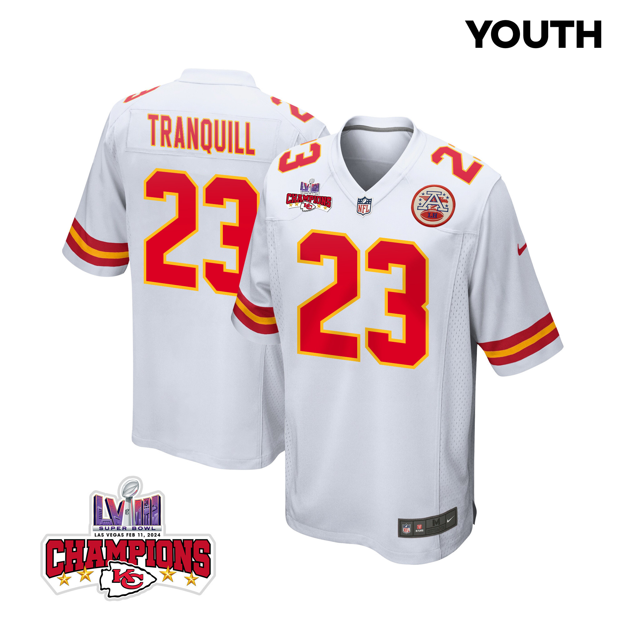 Drue Tranquill 23 Kansas City Chiefs Super Bowl LVIII Champions 4 Stars Patch Game YOUTH Jersey - White JS3218 nicesnker