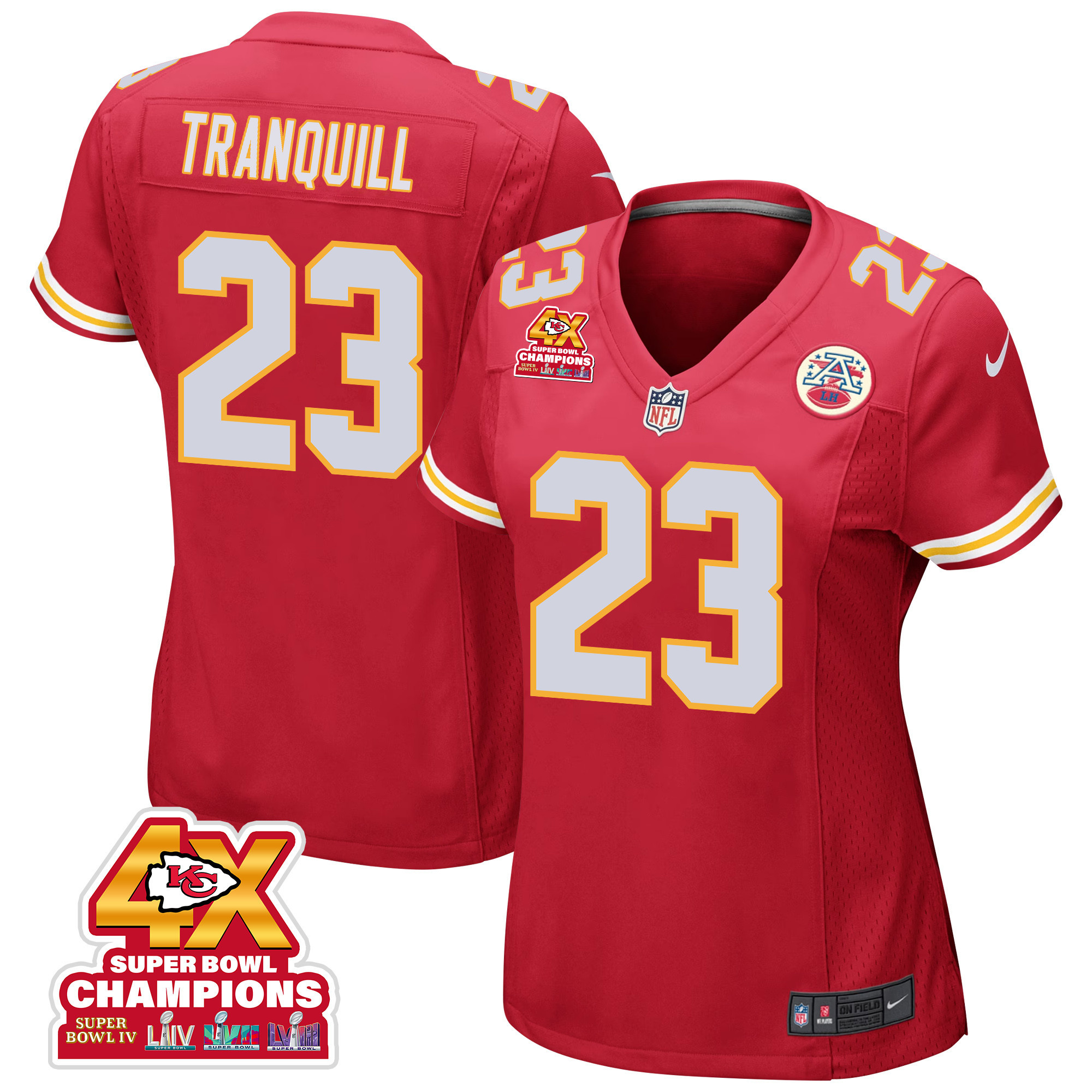 Drue Tranquill 23 Kansas City Chiefs Super Bowl LVIII Champions 4X Game Women Jersey - Red JS1508 nicesnker