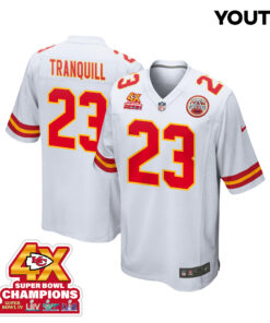 Drue Tranquill 23 Kansas City Chiefs Super Bowl LVIII Champions 4X Game YOUTH Jersey - White JS5589 nicesnker