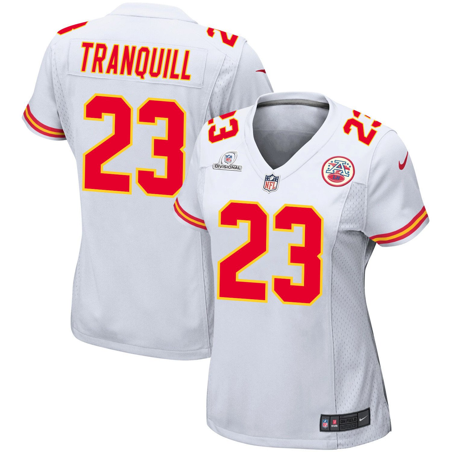 Drue Tranquill 23 Kansas City Chiefs Super Bowl LVIII Patch Game Women Jersey - White JS2002 nicesnker