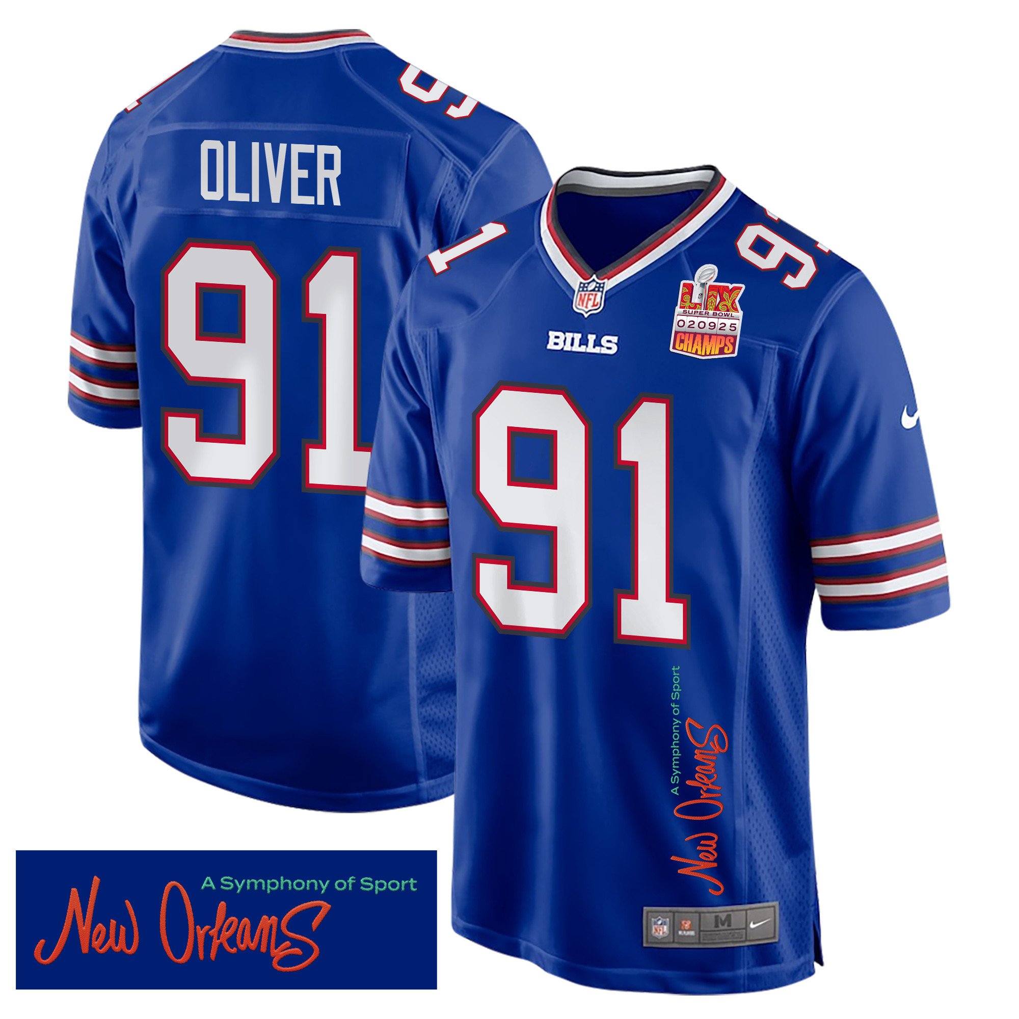 Ed Oliver 91 Buffalo Bills Super Bowl LIX Champions Patch 'New Orleans - A Symphony of Sport' EMBROIDERED Game Men Jersey - Royal JS9691 nicesnker