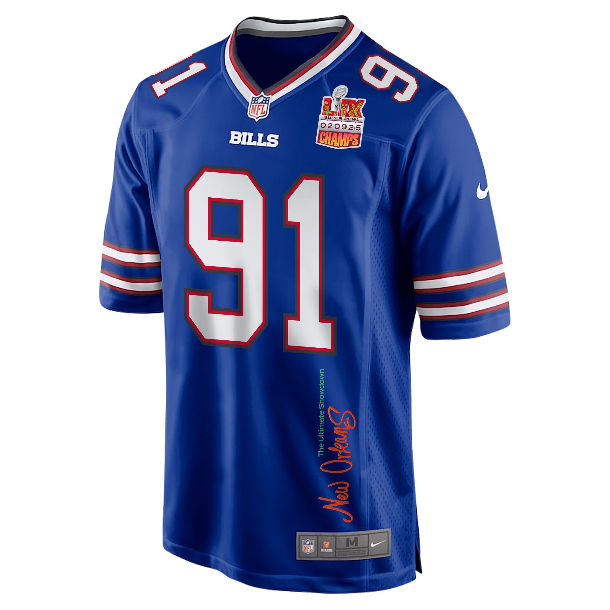Ed Oliver 91 Buffalo Bills Super Bowl LIX Champions Patch 'New Orleans - The Ultimate Showdown' EMBROIDERED Game Men Jersey - Royal JS8254 nicesnker - Image 3
