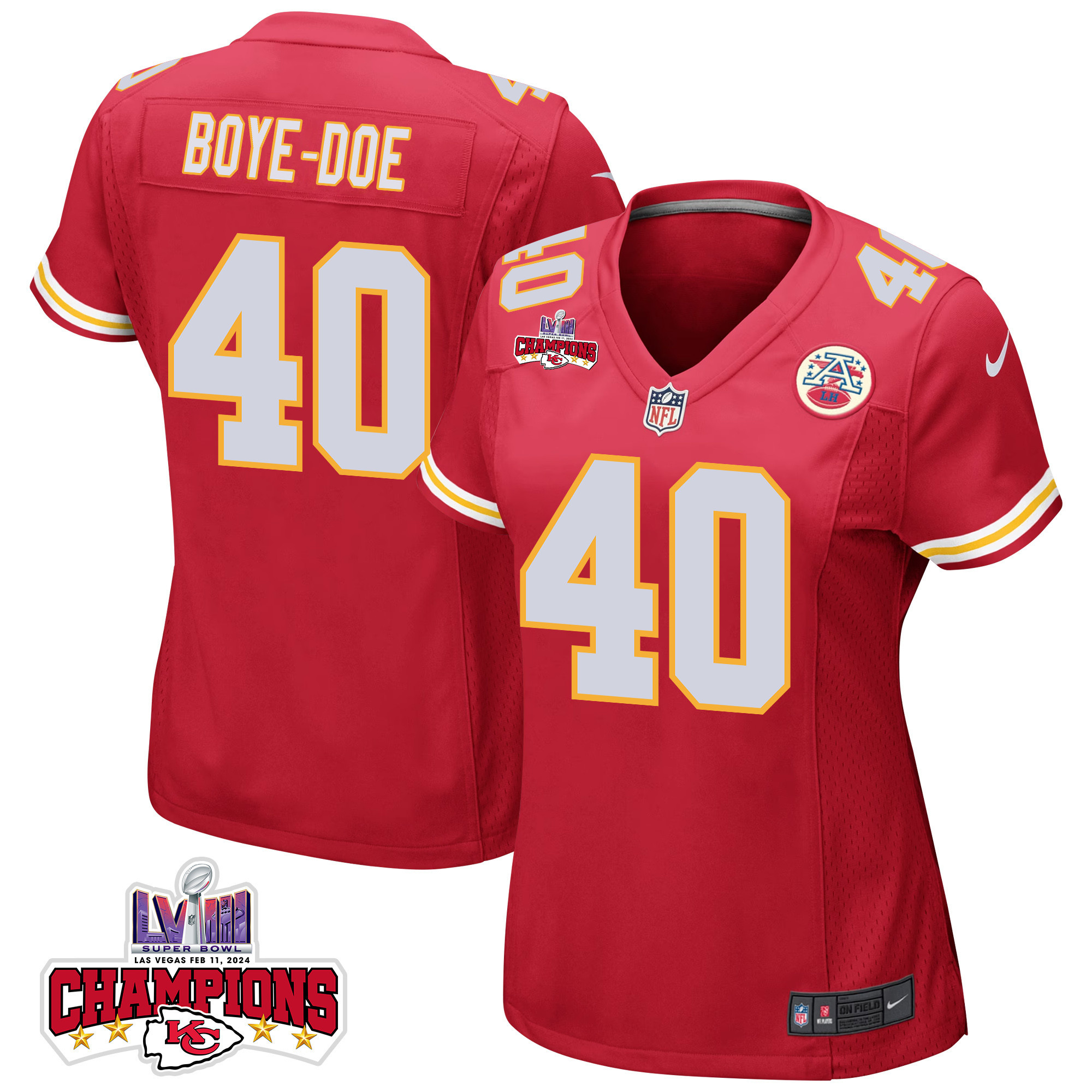 Ekow Boye-Doe 40 Kansas City Chiefs Super Bowl LVIII Champions 4 Stars Patch Game Women Jersey - Red JS6351 nicesnker