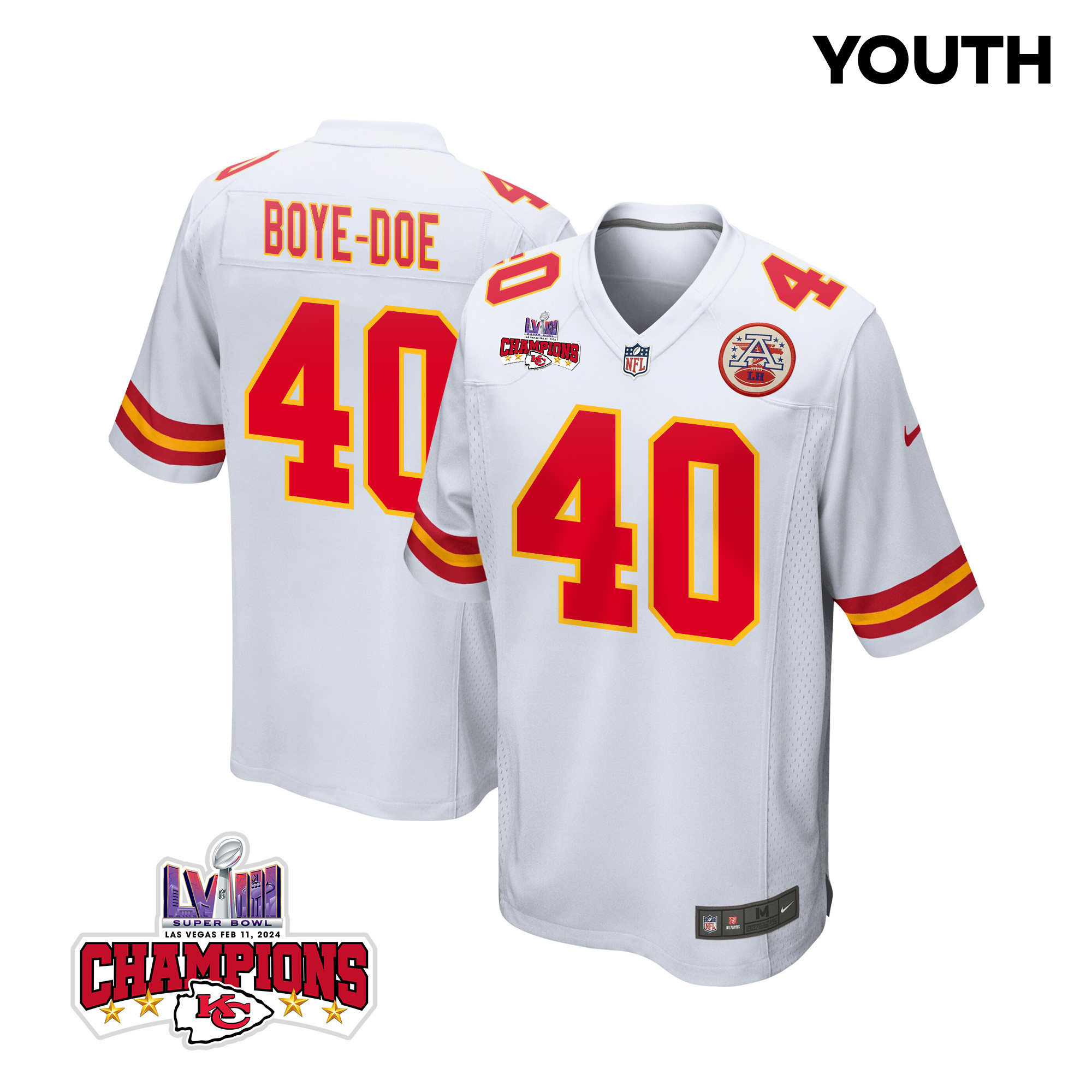 Ekow Boye-Doe 40 Kansas City Chiefs Super Bowl LVIII Champions 4 Stars Patch Game YOUTH Jersey - White JS4946 nicesnker