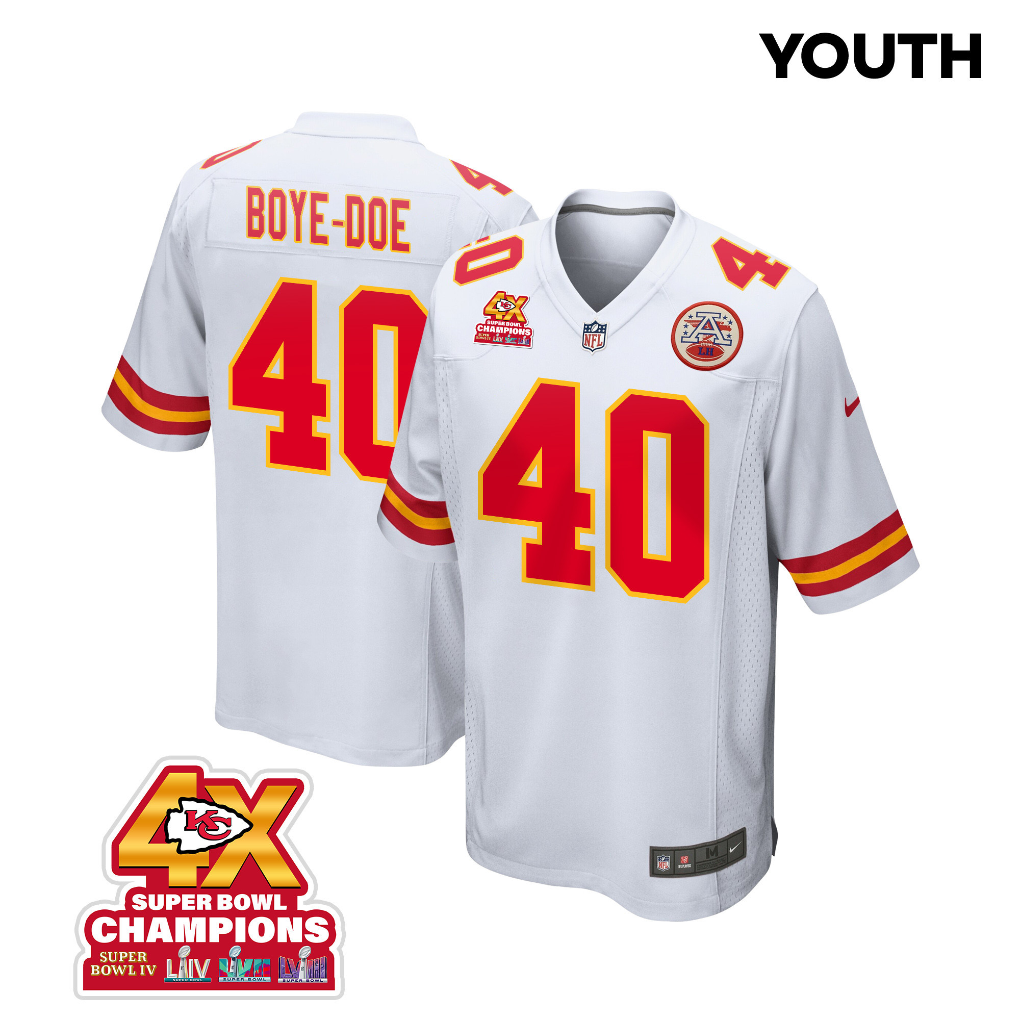 Ekow Boye-Doe 40 Kansas City Chiefs Super Bowl LVIII Champions 4X Game YOUTH Jersey - White JS6277 nicesnker