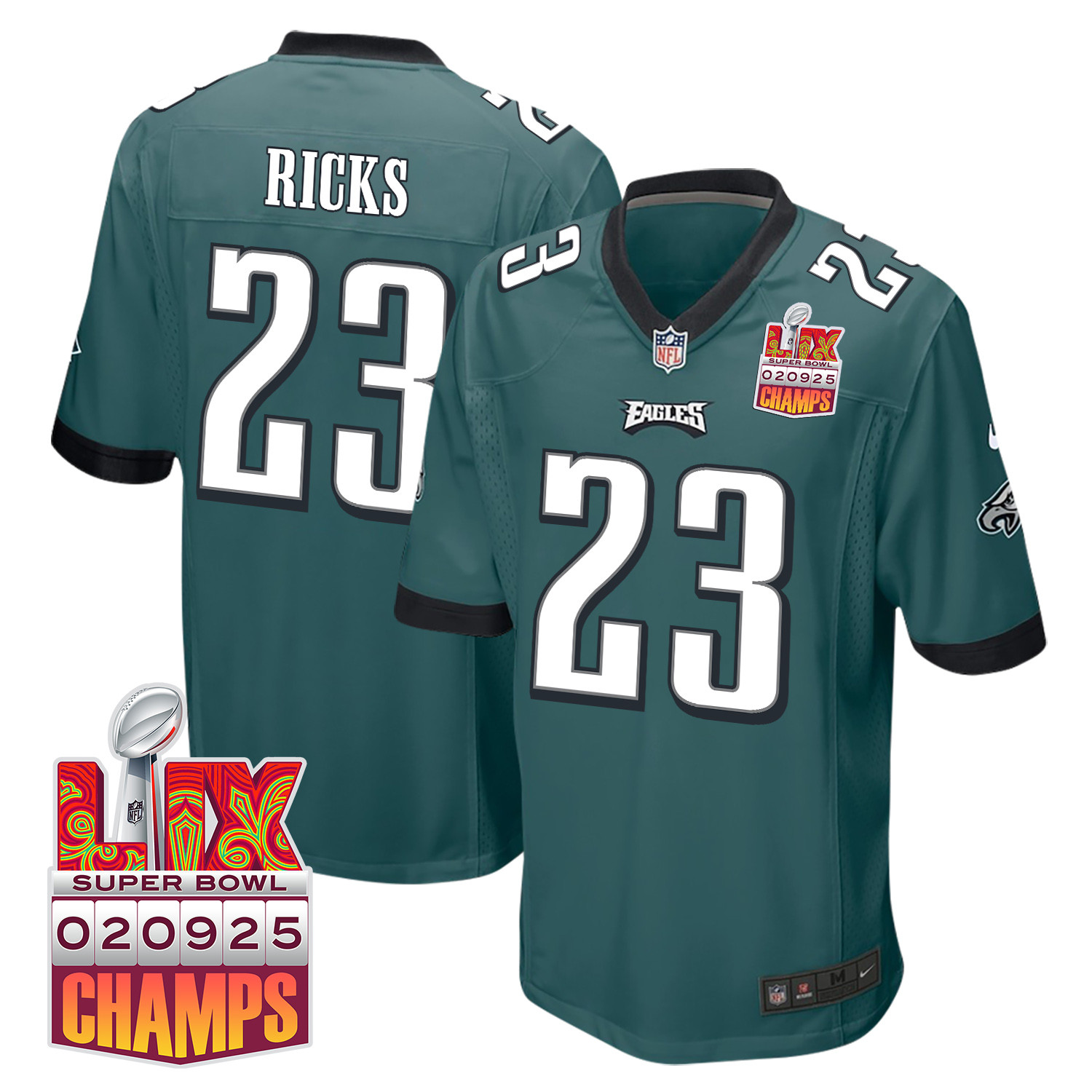 Eli Ricks 23 Philadelphia Eagles Super Bowl LIX Champions Patch Game Men Jersey - Midnight Green JS2811 nicesnker