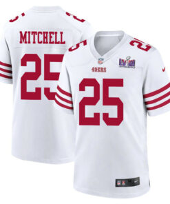 Elijah Mitchell 25 San Francisco 49ers Super Bowl LVIII Patch Game Men Jersey - White JS5500 nicesnker
