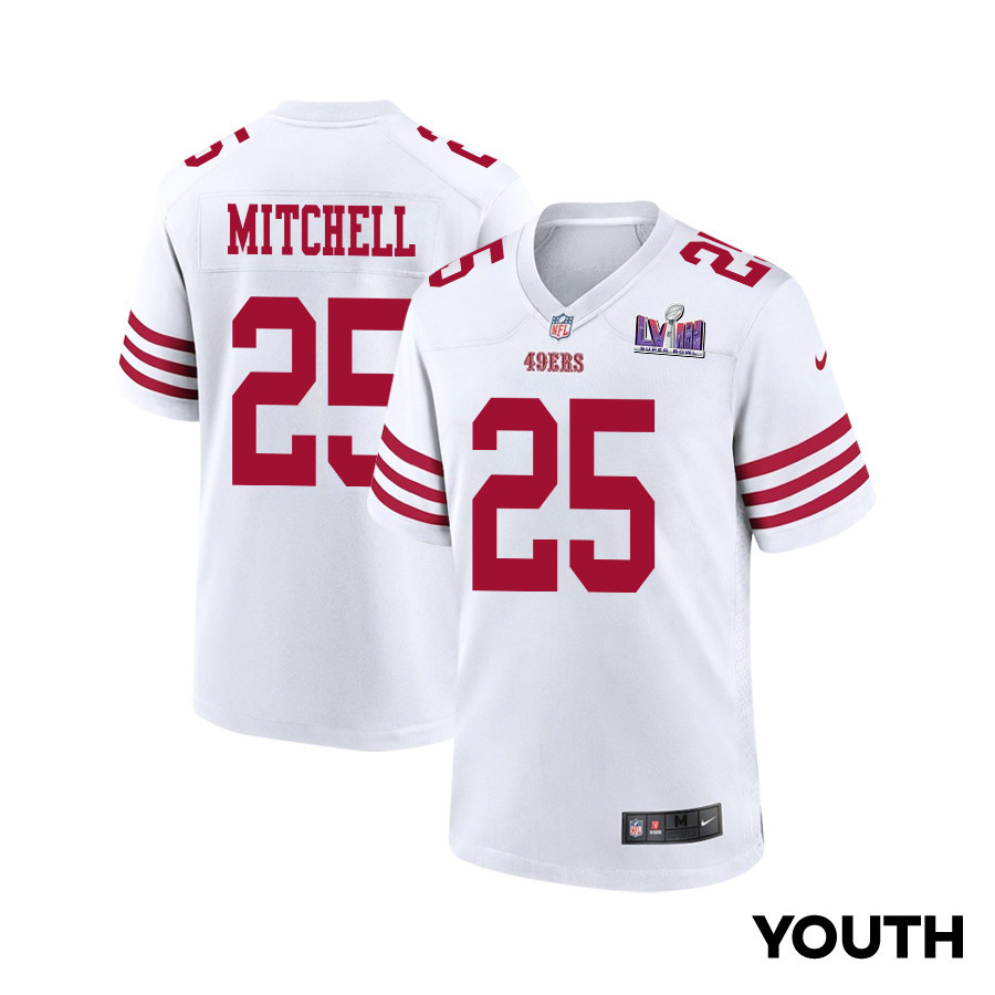 Elijah Mitchell 25 San Francisco 49ers Super Bowl LVIII Patch Game YOUTH Jersey - White JS2651 nicesnker