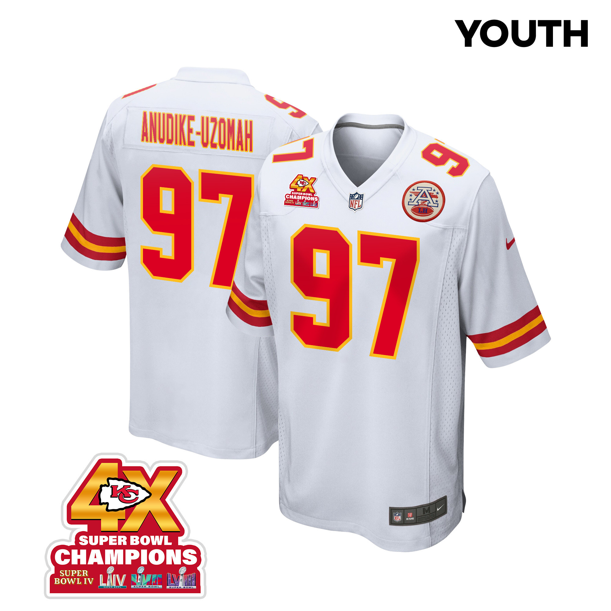 Felix Anudike-Uzomah 97 Kansas City Chiefs Super Bowl LVIII Champions 4X Game YOUTH Jersey - White JS6303 nicesnker