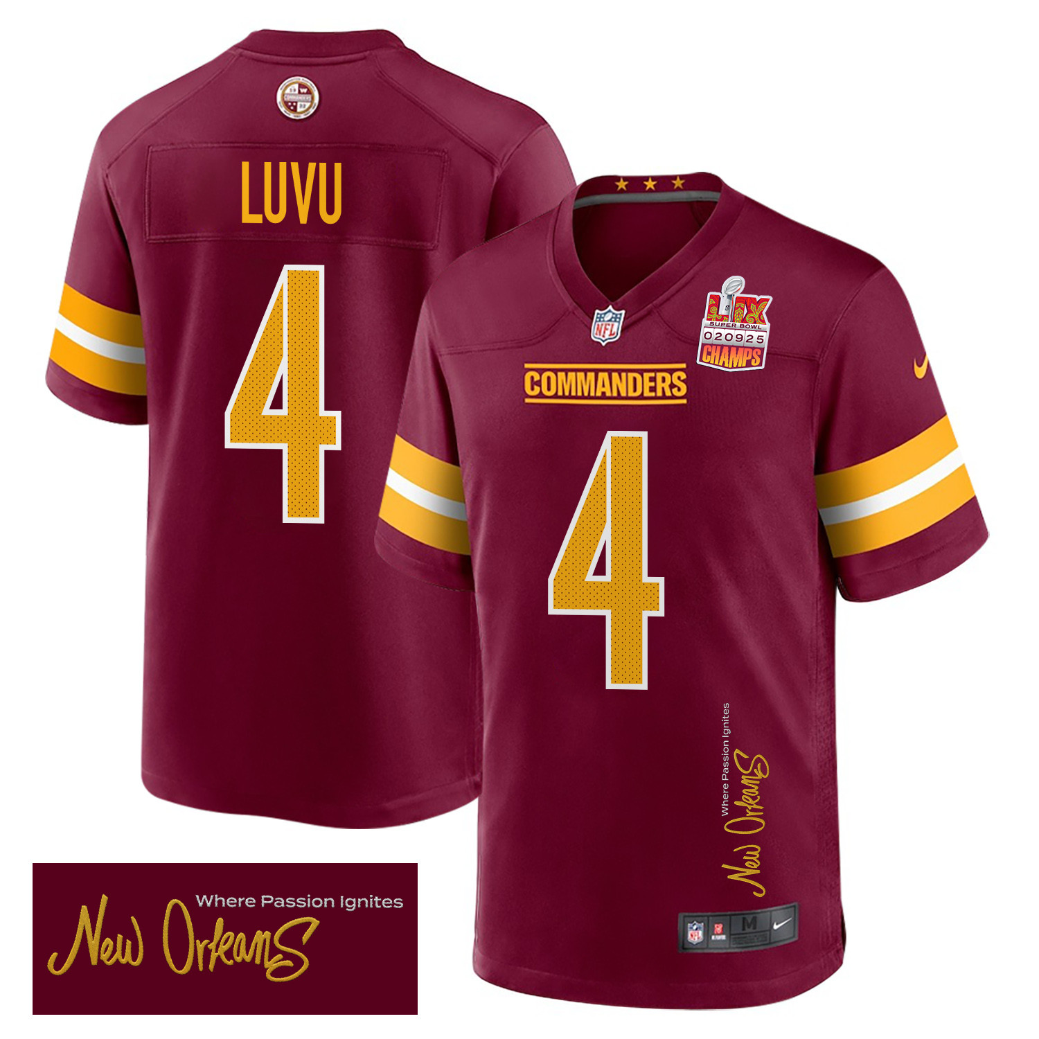Frankie Luvu 4 Washington Commanders Super Bowl LIX Champions Patch 'New Orleans - Where Passion Ignites' EMBROIDERED Game Men Jersey - Burgundy JS3103 nicesnker