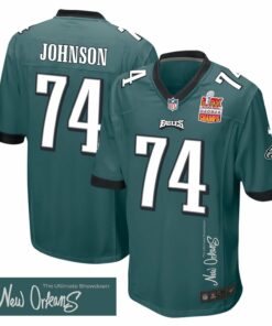 Fred Johnson 74 Philadelphia Eagles Super Bowl LIX Champions Patch 'New Orleans - The Ultimate Showdown' EMBROIDERED Game Men Jersey - Midnight Green JS1986 nicesnker