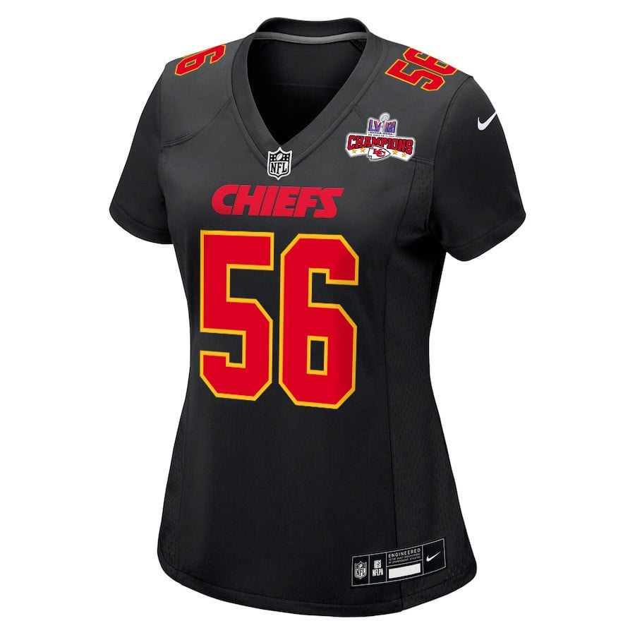 George Karlaftis 56 Kansas City Chiefs Super Bowl LVIII Champions 4 Stars Patch Fashion Game Women Jersey - Carbon Black JS3337 nicesnker - Image 2
