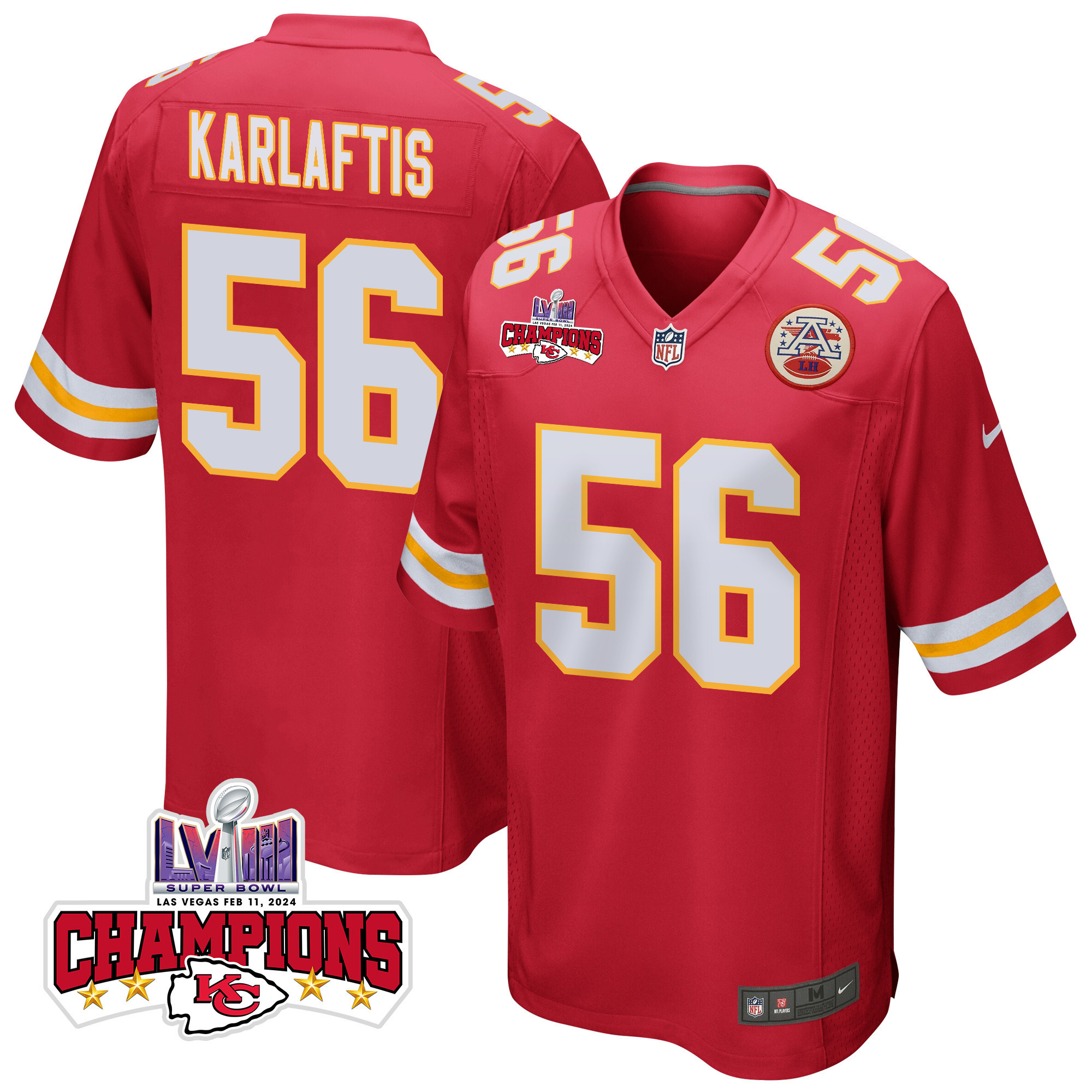 George Karlaftis 56 Kansas City Chiefs Super Bowl LVIII Champions 4 Stars Patch Game Men Jersey - Red JS2703 nicesnker