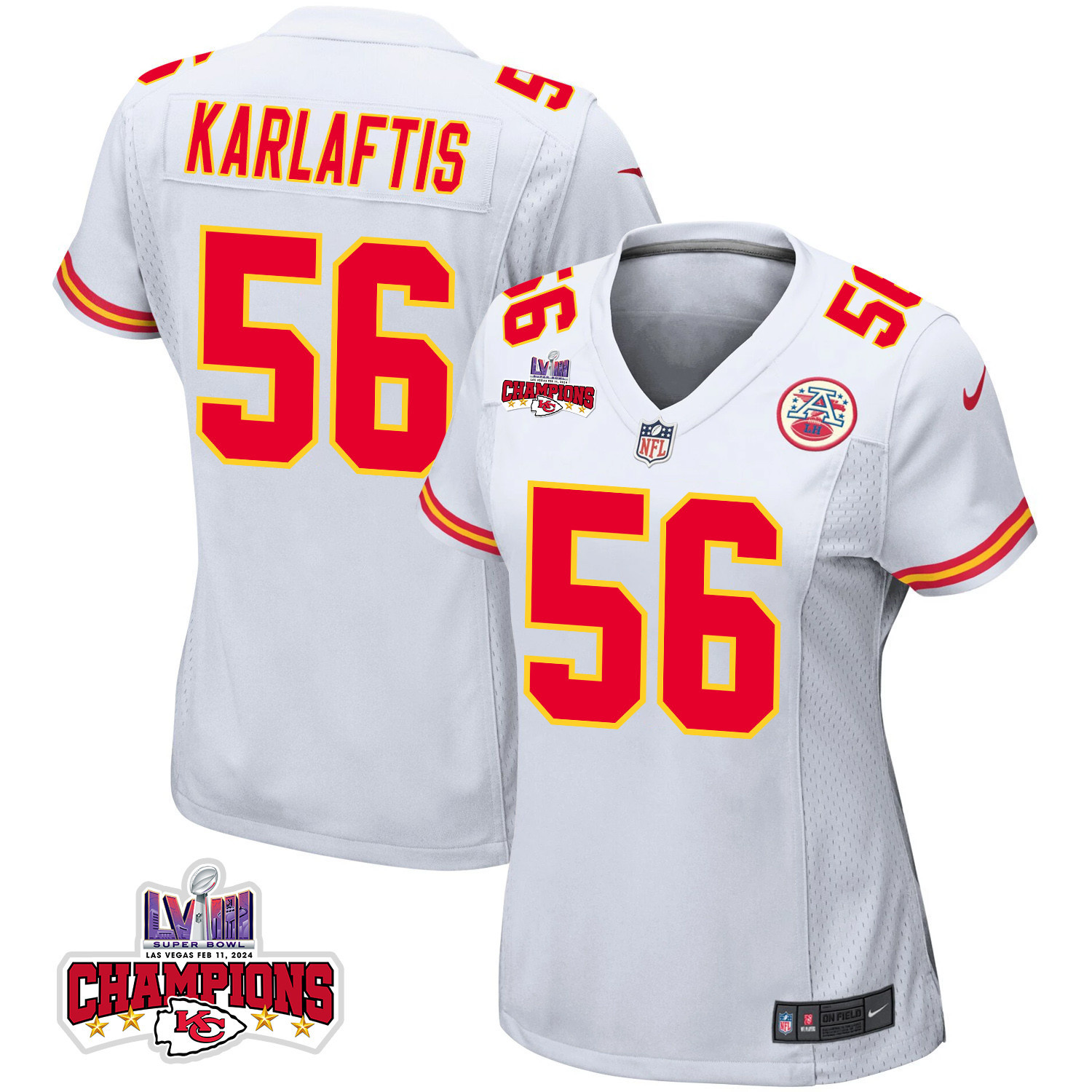 George Karlaftis 56 Kansas City Chiefs Super Bowl LVIII Champions 4 Stars Patch Game Women Jersey - White JS5645 nicesnker