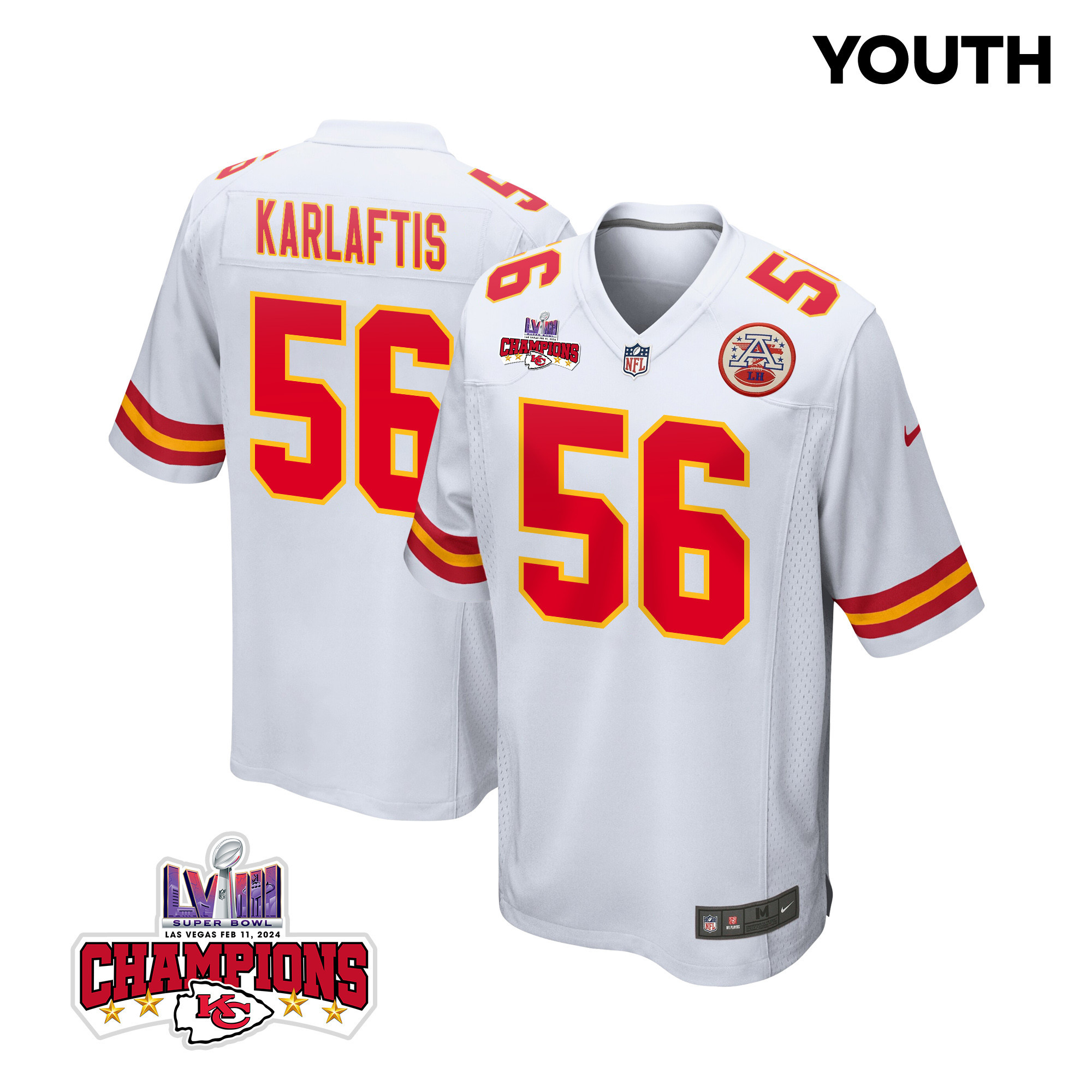 George Karlaftis 56 Kansas City Chiefs Super Bowl LVIII Champions 4 Stars Patch Game YOUTH Jersey - White JS1128 nicesnker