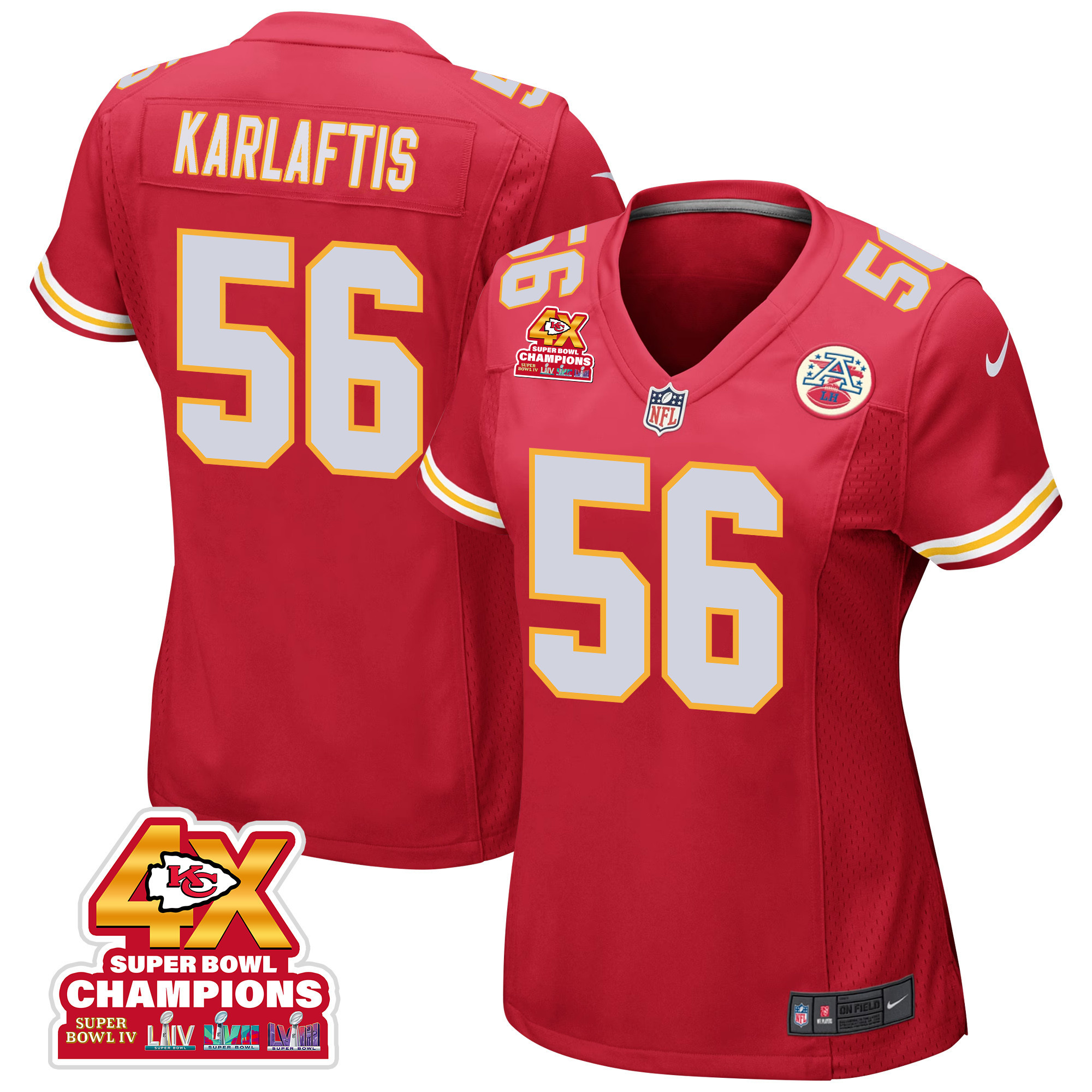 George Karlaftis 56 Kansas City Chiefs Super Bowl LVIII Champions 4X Game Women Jersey - Red JS6925 nicesnker