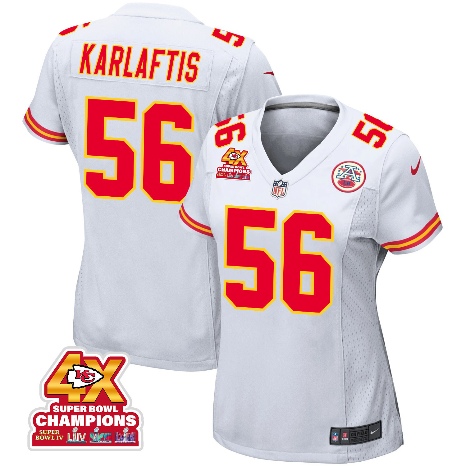 George Karlaftis 56 Kansas City Chiefs Super Bowl LVIII Champions 4X Game Women Jersey - White JS4441 nicesnker