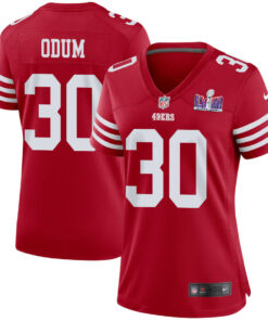 George Odum 30 San Francisco 49ers Super Bowl LVIII Patch Game Women Jersey - Scarlet JS9384 nicesnker