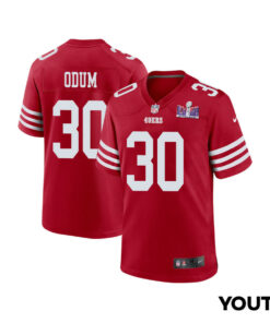 George Odum 30 San Francisco 49ers Super Bowl LVIII Patch Game YOUTH Jersey - Scarlet JS6590 nicesnker