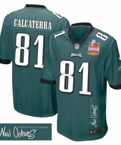 Grant Calcaterra 81 Philadelphia Eagles Super Bowl LIX Champions Patch 'New Orleans - Where Passion Ignites' EMBROIDERED Game Men Jersey - Midnight Green JS8418 nicesnker