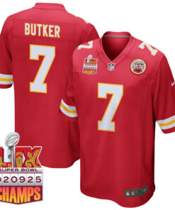 Harrison Butker 7 Kansas City Chiefs Super Bowl LIX Champions Patch Game Men Jersey - Red JS4361 nicesnker