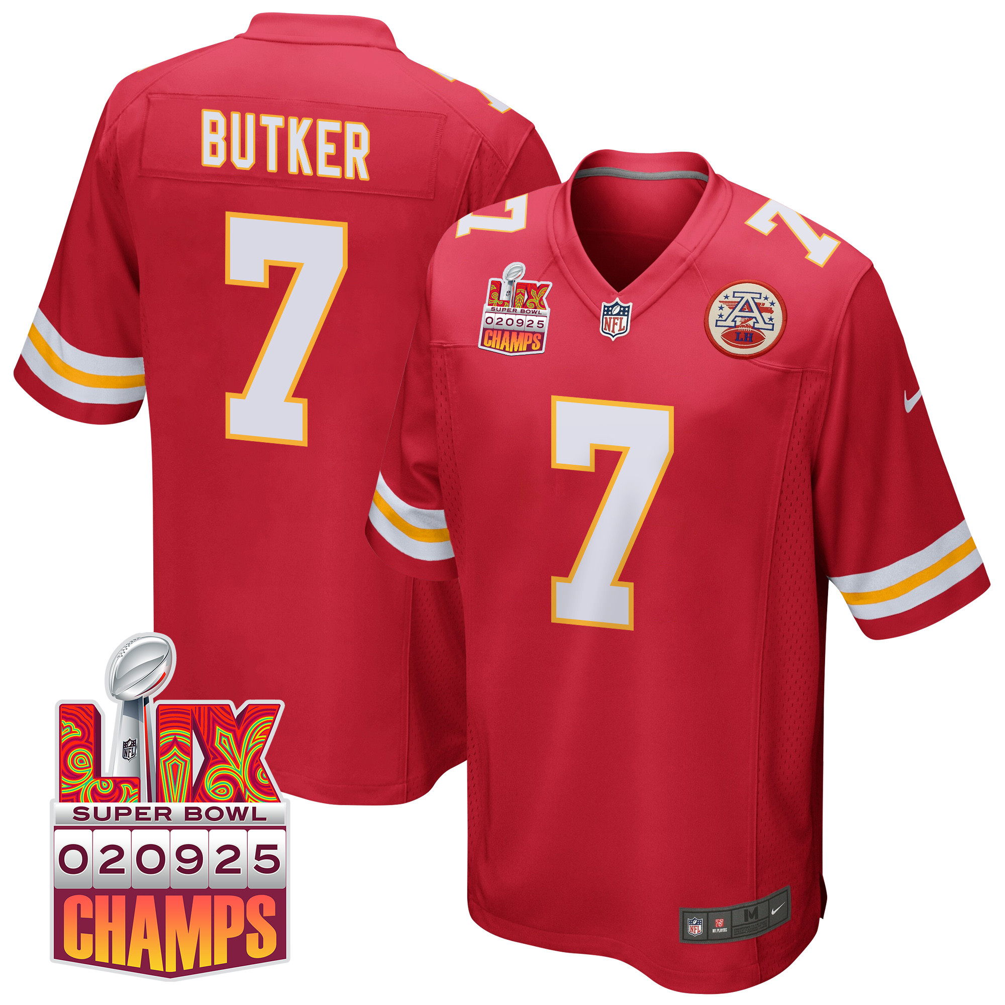 Harrison Butker 7 Kansas City Chiefs Super Bowl LIX Champions Patch Game Men Jersey - Red JS4361 nicesnker